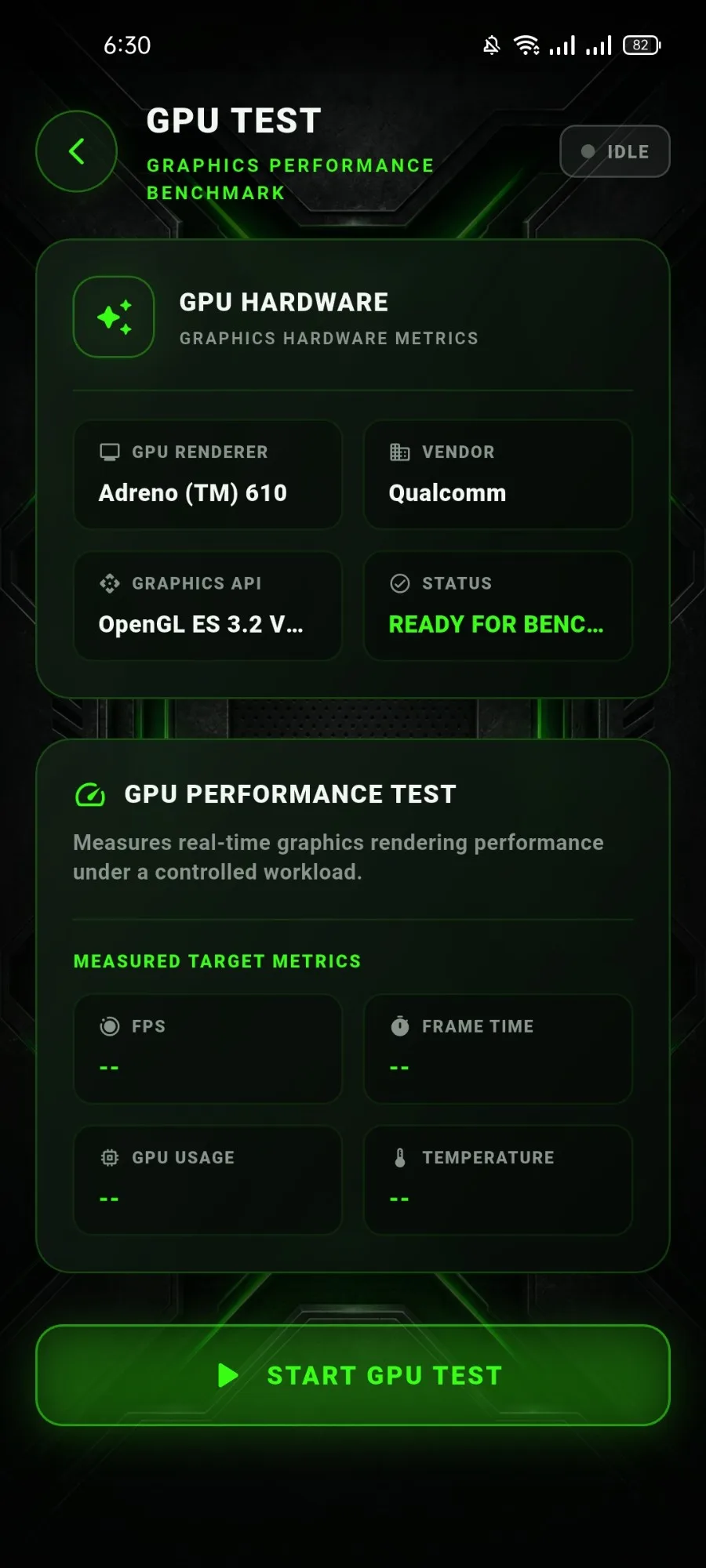 MobiBench GPU test start screen: a GPU hardware card with renderer, vendor, graphics API version and status, empty measured target metrics for FPS, frame time, GPU usage and temperature, and a Start GPU test button
