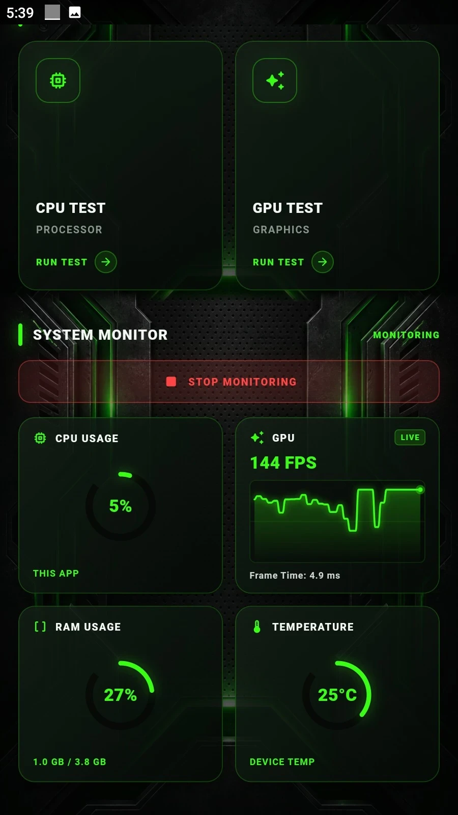 MobiBench System Monitor with live tiles for this app's CPU usage, GPU frame rate with a live chart and frame time, RAM usage, and device temperature